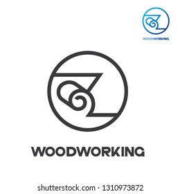 illustration consisting of a picture of a piece of wood and the inscription "woodworking" in the form of a symbol or logo