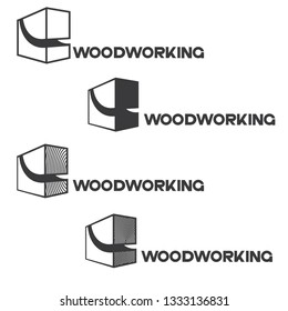 illustration consisting of a picture of a piece of wood and the inscription "woodworking woodcutting" in the form of a symbol or logo