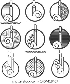 illustration consisting of a picture of a piece of wood and the inscription "woodworking" in the form of a symbol or logo
