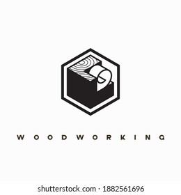 illustration consisting of a picture of a piece of wood and the inscription "woodworking" in the form of a symbol or logo
