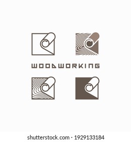illustration consisting of a picture of a piece of wood and the inscription "woodworking" in the form of a symbol or logo
