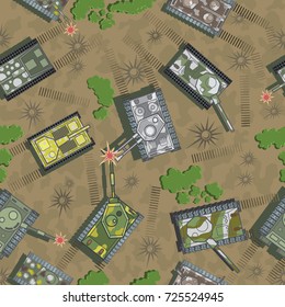 illustration consisting of a seamless pattern in the form of animated tank combat