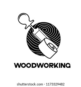 Illustration consisting of several images of a chisel  and wood and the inscription "woodworking"
