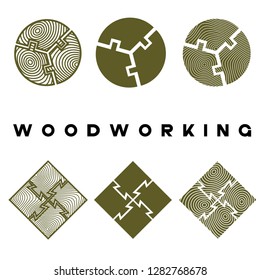 an illustration consisting of several images of a cut piece of deoev and the inscription "woodworking" in the form of a symbol or logo