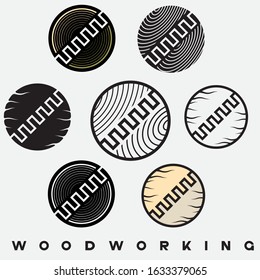 an illustration consisting of several images of a cut piece of deoev and the inscription "woodworking" in the form of a symbol or logo