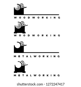illustration consisting of several images of a lathe and a piece of wood in the form of a symbol or logo