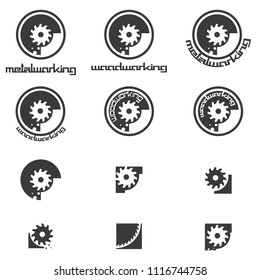 illustration consisting of several images of milling cutters for wood and metal and the inscription "woodworking" and "metalworking" in the form of a symbol or logo