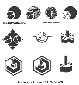 illustration consisting of several images of milling cutters for wood and metal and the inscription "woodworking" and "metalworking" in the form of a symbol or logo
