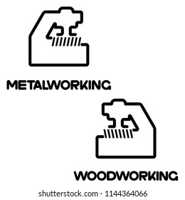 
illustration consisting of several images of milling cutters for wood and metal and the inscription "woodworking" and "metalworking" in the form of a symbol or logo