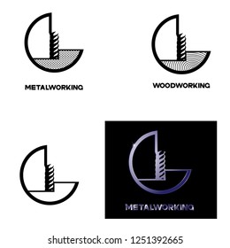 
illustration consisting of several images of milling cutters for wood and metal and the inscription "woodworking" and "metalworking" in the form of a symbol or logo