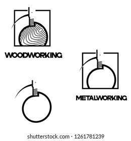 illustration consisting of several images of milling cutters for wood and metal and the inscription "woodworking" and "metalworking" in the form of a symbol or logo