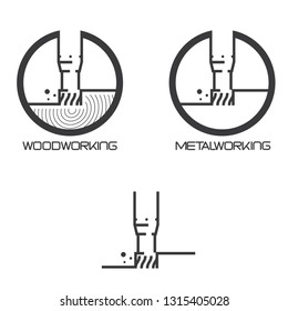 
illustration consisting of several images of milling cutters for wood and metal and the inscription "woodworking" and "metalworking" in the form of a symbol or logo