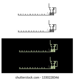 
illustration consisting of several images of milling cutters for wood and metal and the inscription "woodworking" and "metalworking" in the form of a symbol or logo