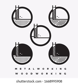 illustration consisting of several images of milling cutters for wood and metal and the inscription "woodworking" and "metalworking" in the form of a symbol or logo