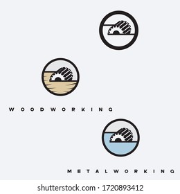 
illustration consisting of several images of milling cutters for wood and metal and the inscription "woodworking" and "metalworking" in the form of a symbol or logo