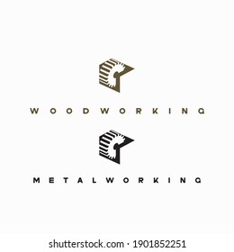 
illustration consisting of several images of milling cutters for wood and metal and the inscription "woodworking" and "metalworking" in the form of a symbol or logo