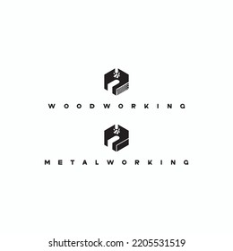 
illustration consisting of several images of milling cutters for wood and metal and the inscription "woodworking" and "metalworking" in the form of a symbol or logo