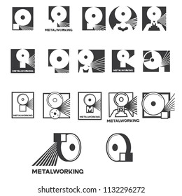 an illustration consisting of several images of a piece of metal and an emery circle in the form of a symbol or logo and the inscription "metalworking"
