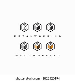 illustration consisting of several images of a saw for wood and metal and the inscription "woodworking" and "metalworking" in the form of a symbol or logo