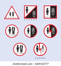 
illustration consisting of several warning signs in the form of a skeleton in a coffin.