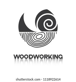 illustration consisting of a silhouette of a tooth milling cutter and shavings of a tree in the form of a symbol or logo