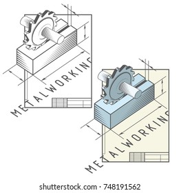 illustration consisting of two images of a milling cutter and workpiece in the form of a symbol or logo