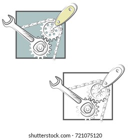 illustration consisting of two images of a wrench and a screwdriver in the form of a symbol