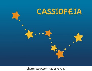 Ilustración con la constelación Cassiopeia. Afiche con estrellas para la habitación de los niños. Plantilla vectorial para cualquier diseño. Estrella amarilla de estilo plano.