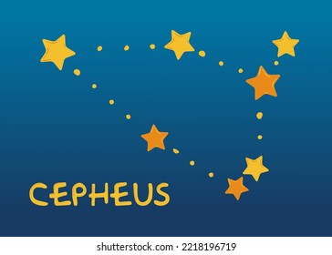 Illustration with the constellation Cepheus. Poster with stars for the children's room. Vector template for any design. Yellow star in flat style.