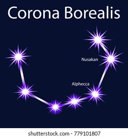 Illustration constellation  Corona Borealis with stars Nusakan, Alphecca
 in the night sky
