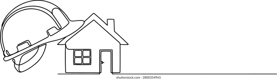 Illustration of construction builder hard hat helmet intersecting with a real estate house line, property development, hand drawn outline vector illustration.