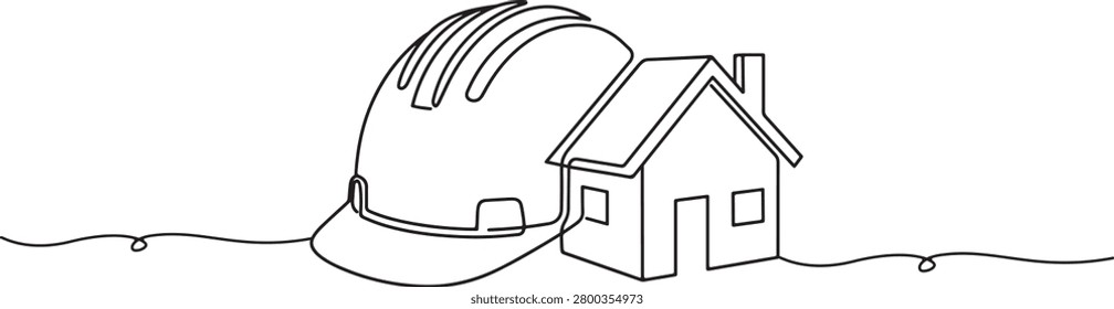 Illustration of construction builder hard hat helmet intersecting with a real estate house line, property development, hand drawn outline vector illustration.