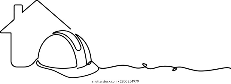 Illustration of construction builder hard hat helmet intersecting with a real estate house line, property development, hand drawn outline vector illustration.
