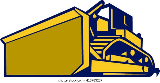 Illustration of a construction bulldozer tracked tractor set on isolated white background viewed from front in low angle done in retro style. 