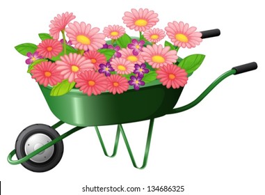 Illustration of a construction cart with lots of flowers on a white background