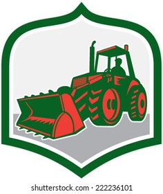 Illustration of a construction digger mechanical excavator set inside shield on isolated background done in retro style .