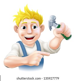 Illustration of a construction guy holding a hammer and pointing