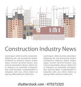 Illustration of construction site with cranes and skyscraper. Isolated on white background. Vector eps10