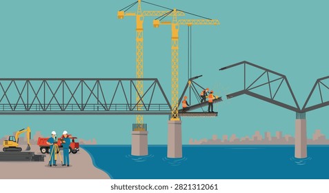 Illustration of a construction site featuring workers building a metal truss bridge over a river, with cranes, heavy machinery, and surveyors.