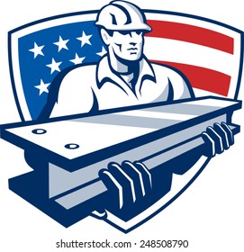 Illustration of a construction steel worker carrying an i-beam with American stars and stripes flag in background set inside shield done in retro style.