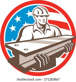 Illustration of construction steel worker carrying i-beam girder viewed from front with usa american stars and stripes flag in the background set inside circle done in retro style. 