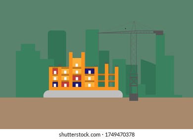 Illustration of the construction of a tall building crane for lifting high objects.