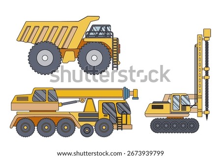 Illustration Of Construction Vehicles Including Dump Truck Crane And Drilling Machine. Heavy Vehicle Collection Set vector illustration