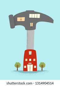 Illustration of a Construction or Woodworking Building Shaped as a Hammer