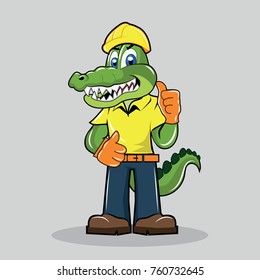Illustration of construction worker alligator mascot wear yellow helmet and shirt.