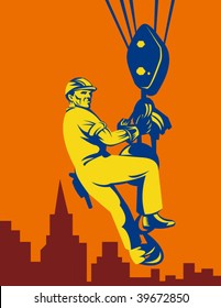 illustration of a Construction worker being hoisted with buildings