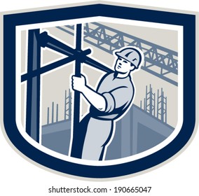 Illustration of construction worker climbing on scaffolding with buildings in background set inside shield crest shape on isolated background done in retro style.