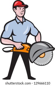 Illustration of a construction worker with concrete saw consaw done in cartoon style.