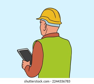Illustration of a construction worker holding a tablet