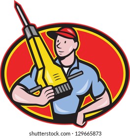 Illustration of a construction worker with jack hammer pneumatic drill done in cartoon style.